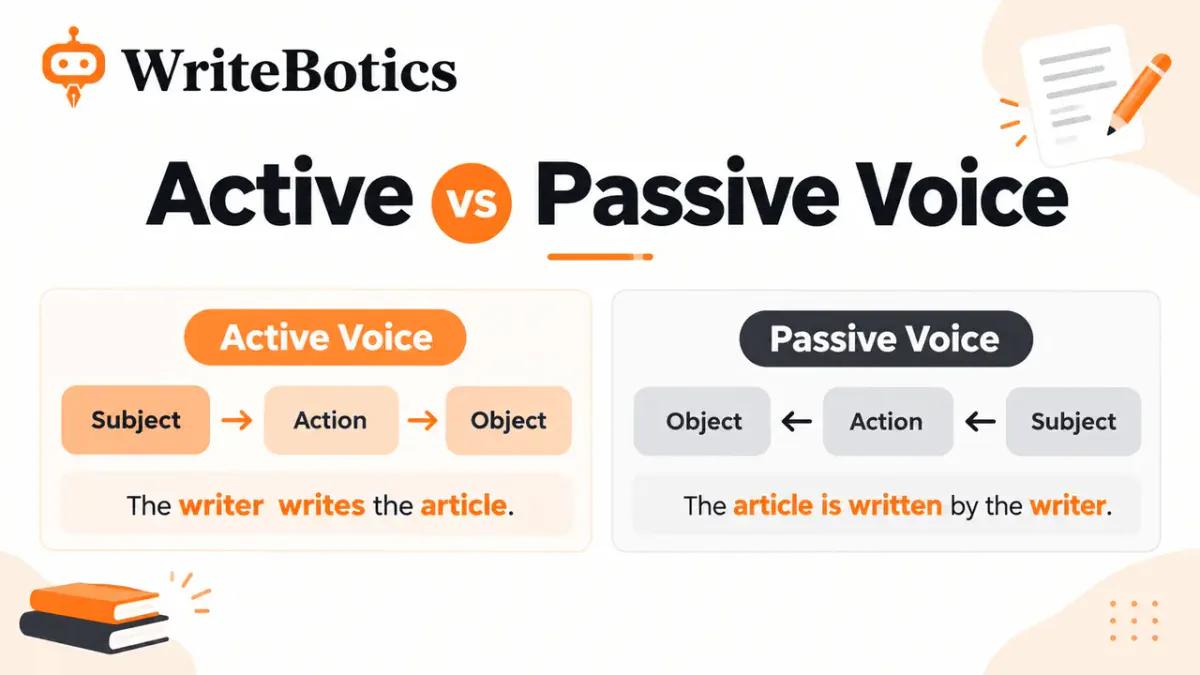 Illustration comparing active voice and passive voice sentence structures