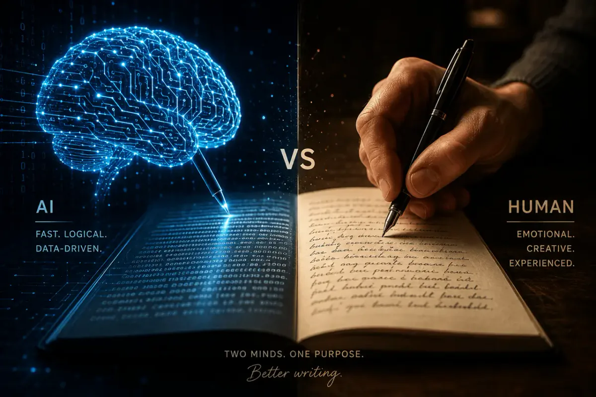 A digital brain and a human hand holding a pen, representing the contrast between AI and human writing.