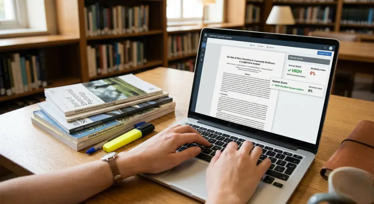 A writer checking digital content for originality on a laptop screen
