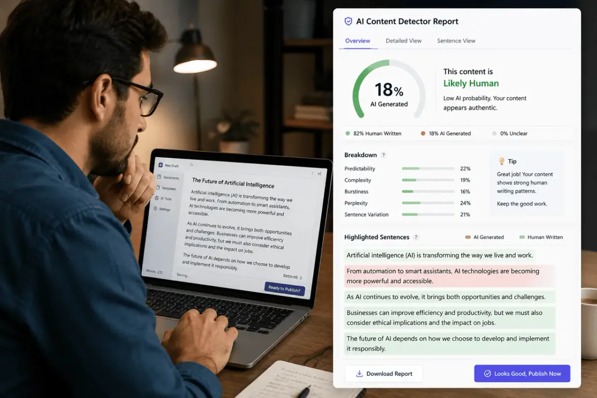 Writer reviewing an AI content detector report before publishing a draft