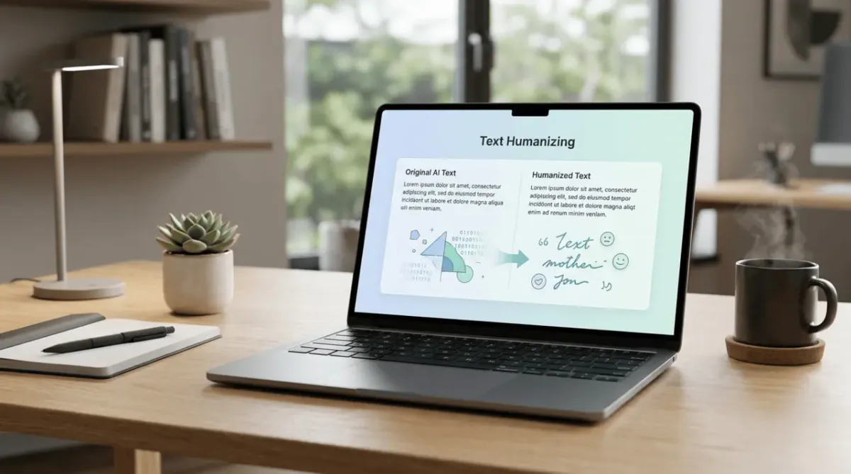 A premium, minimalist 3D render of a modern workspace with a laptop showing a text humanizing interface transition.