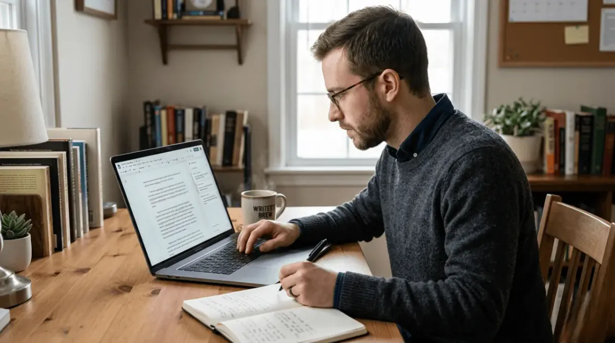 A person writing and using an AI grammar checker to improve their document