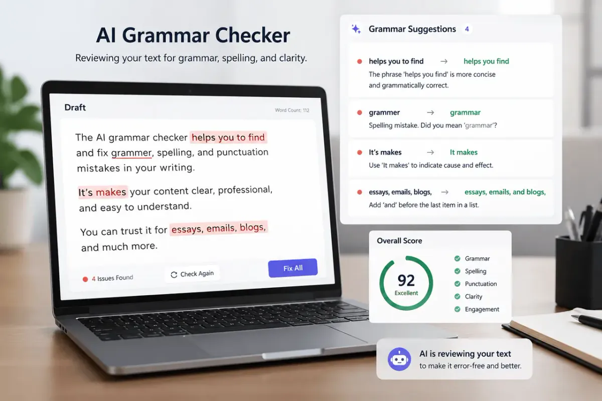 Draft text being reviewed by an AI grammar checker for mistakes