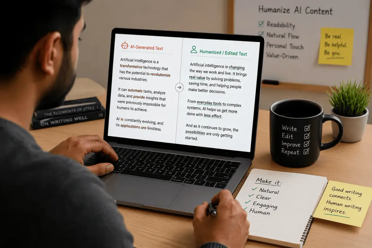 Writer editing AI-generated text into natural, human-sounding writing