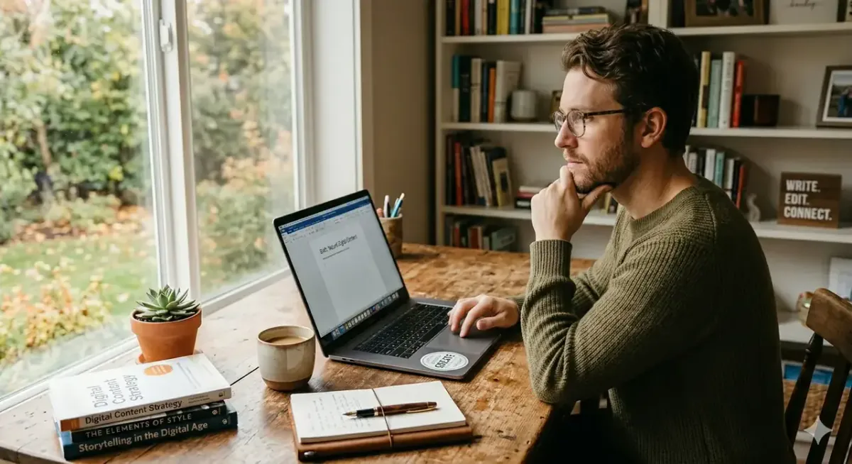 A writer checking digital content for originality on a laptop screen