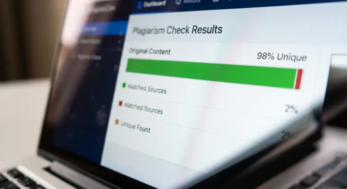 Modern workspace showing plagiarism checking with WriteBotics AI tool