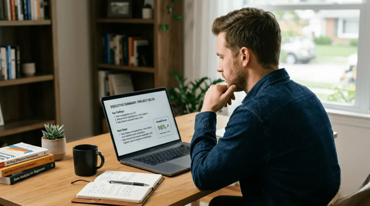 A person looking at a short summary on a laptop screen