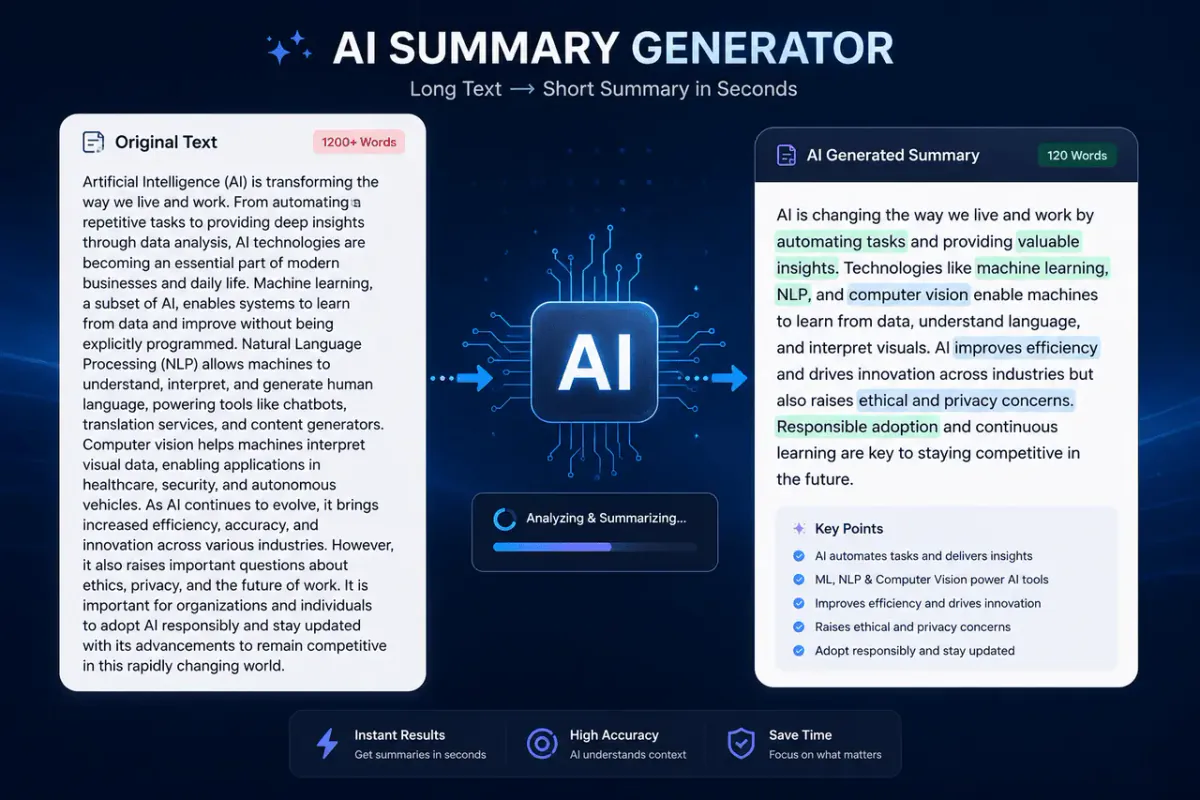 Long block of text being condensed into a short summary by an AI summary generator