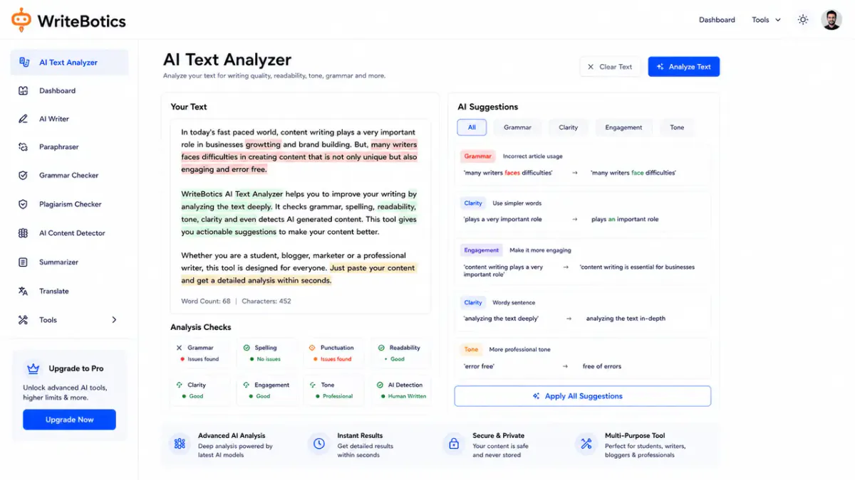 AI text analyzer checking writing quality on WriteBotics