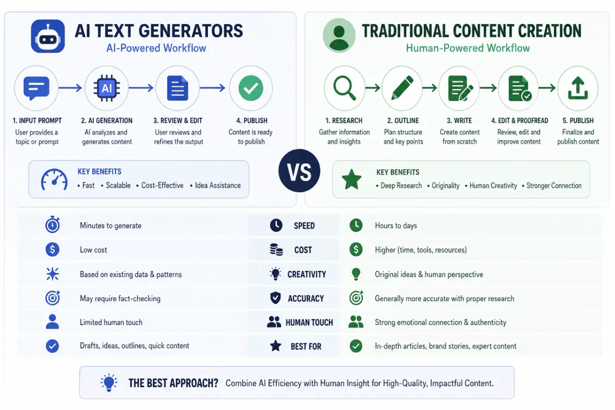 Comparison of AI text generators and traditional content creation workflows