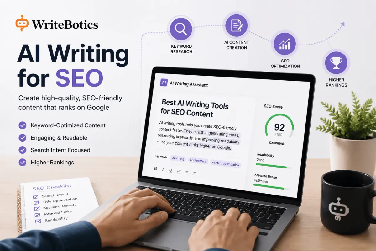 Editing an AI-written blog draft for SEO on a laptop