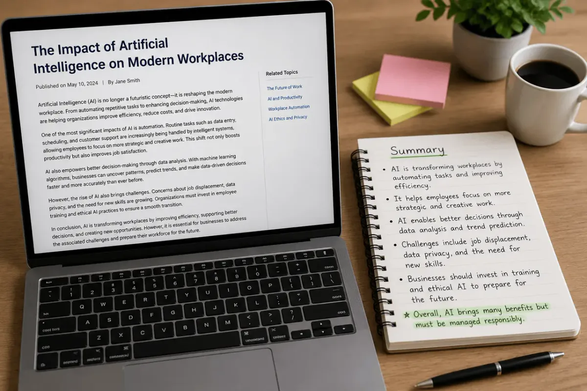 Person highlighting key sentences in a printed article while taking notes