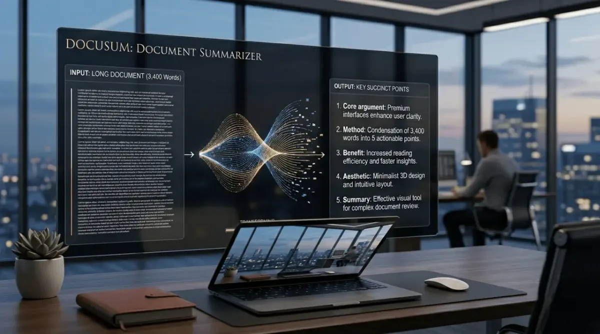 A premium, minimalist 3D render of a digital interface condensing a long document into key succinct points.