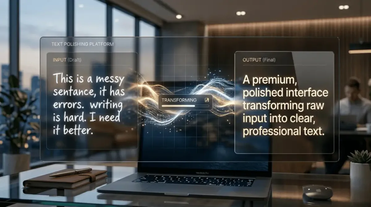 A premium, minimalist 3D render of a digital interface transforming text into a clearer, more polished version.