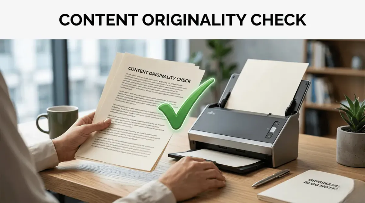 A minimalist 3D render of a document being scanned for originality with a green checkmark.