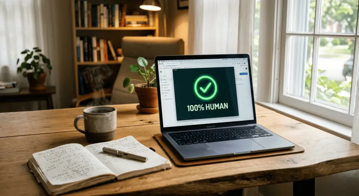 A student reviewing an essay on a laptop with an AI detection score visible on the screen.