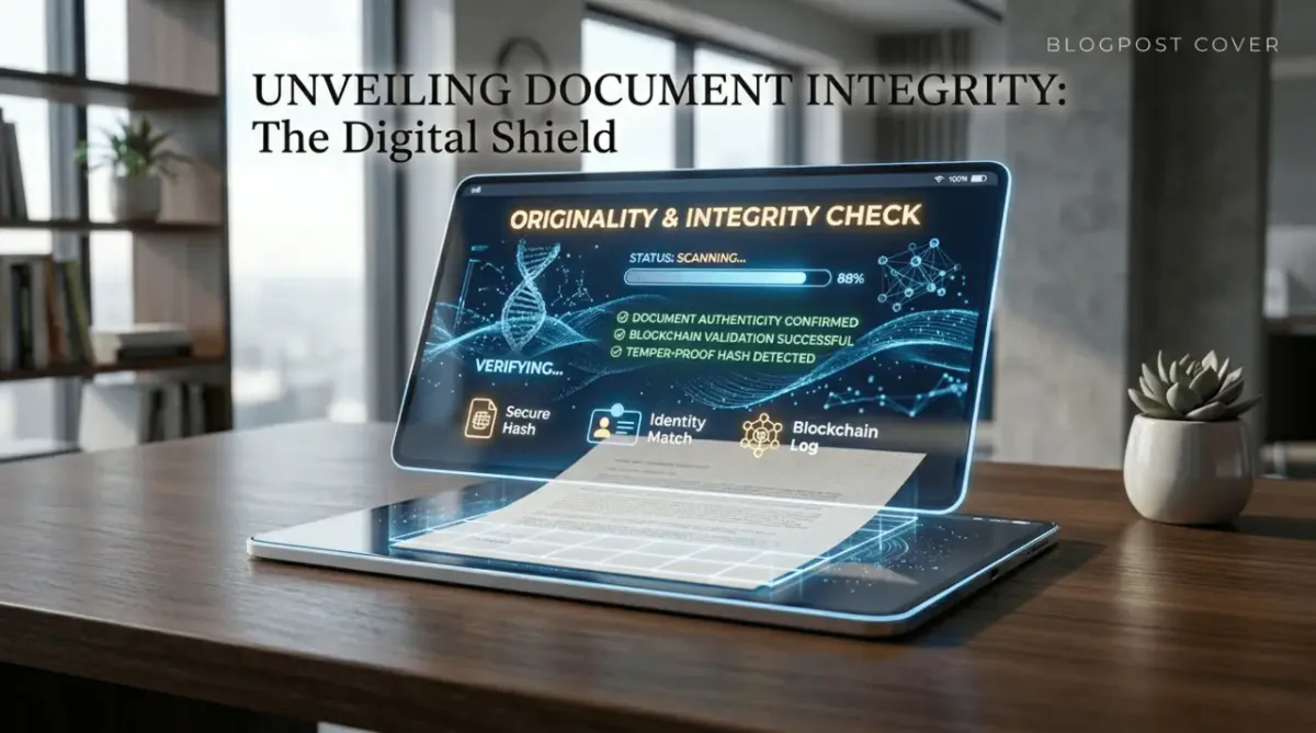 A premium, minimalist 3D render of a futuristic tablet verifying the originality and integrity of a document.