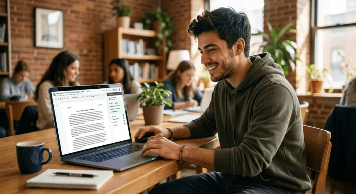 A writer utilizing the WriteBotics AI grammar checker to enhance document clarity and professionalism.
