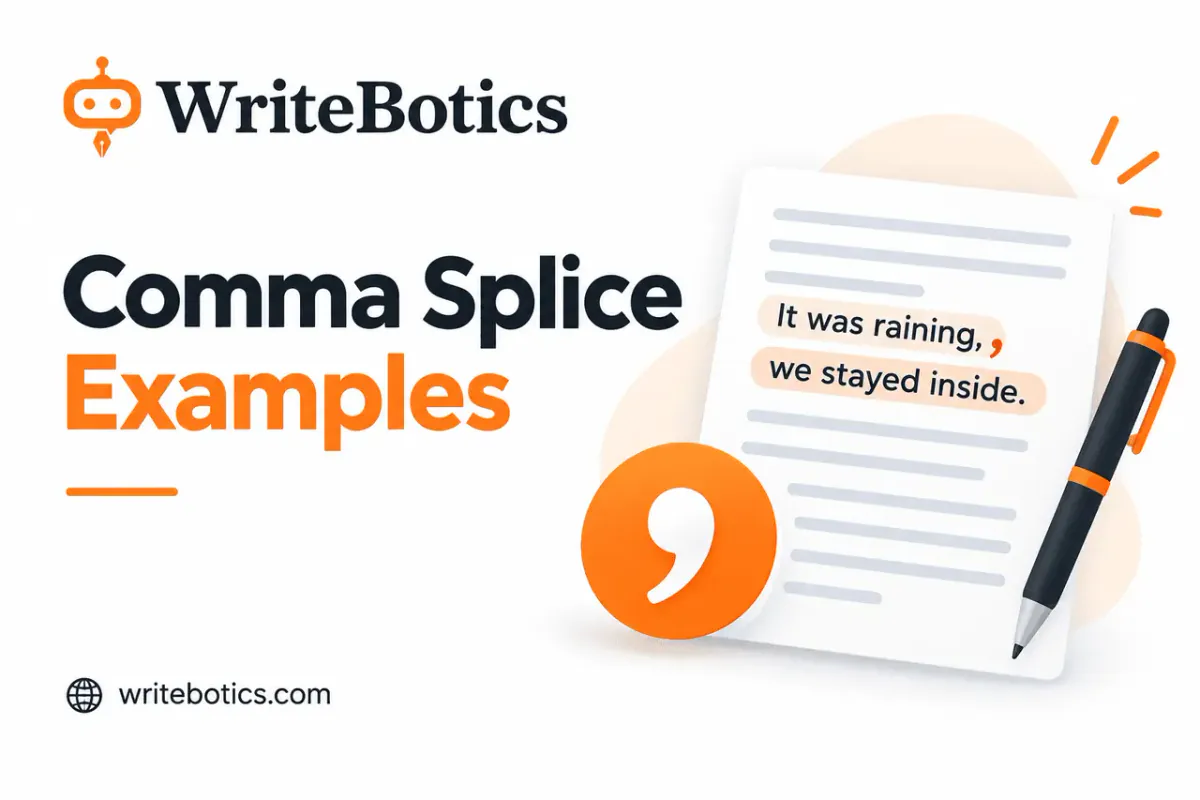 Illustration showing a comma splice sentence being corrected with a period, semicolon, and conjunction