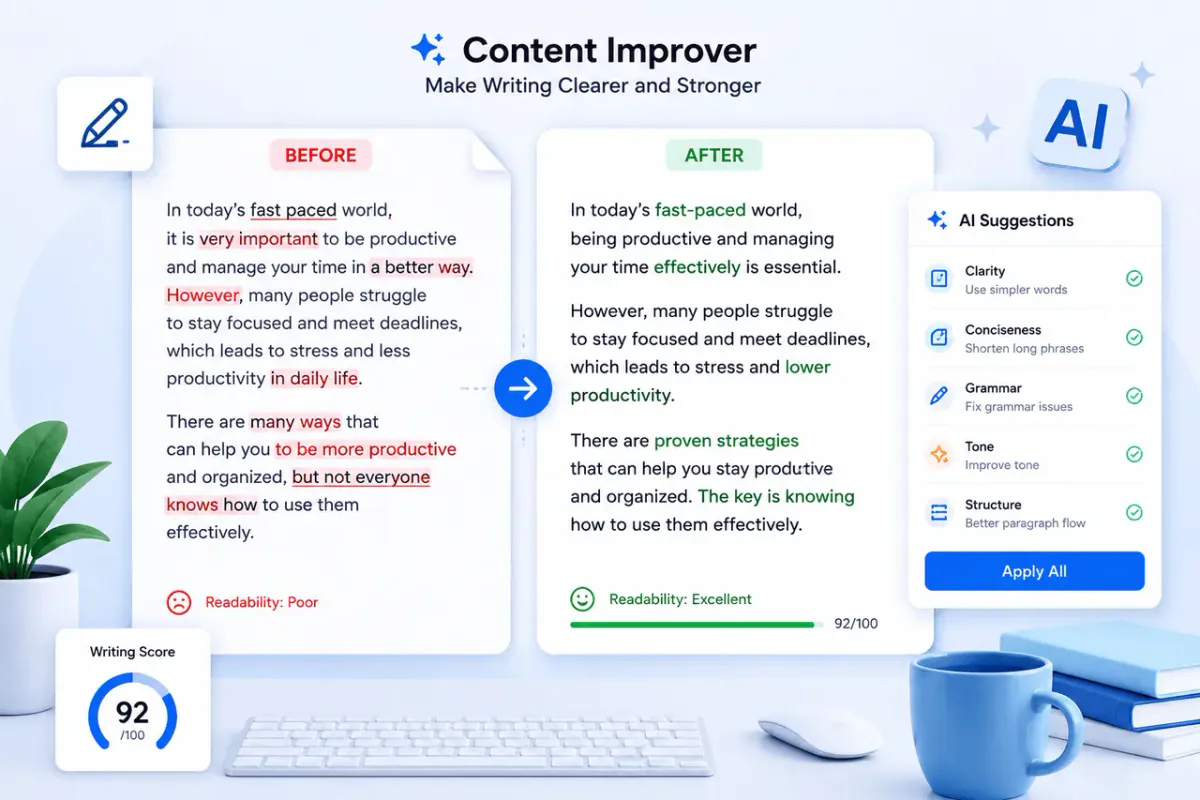 Illustration of a document being edited for clarity, representing a content improver tool