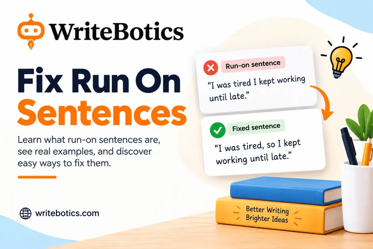 Illustration showing a run-on sentence being corrected with punctuation marks