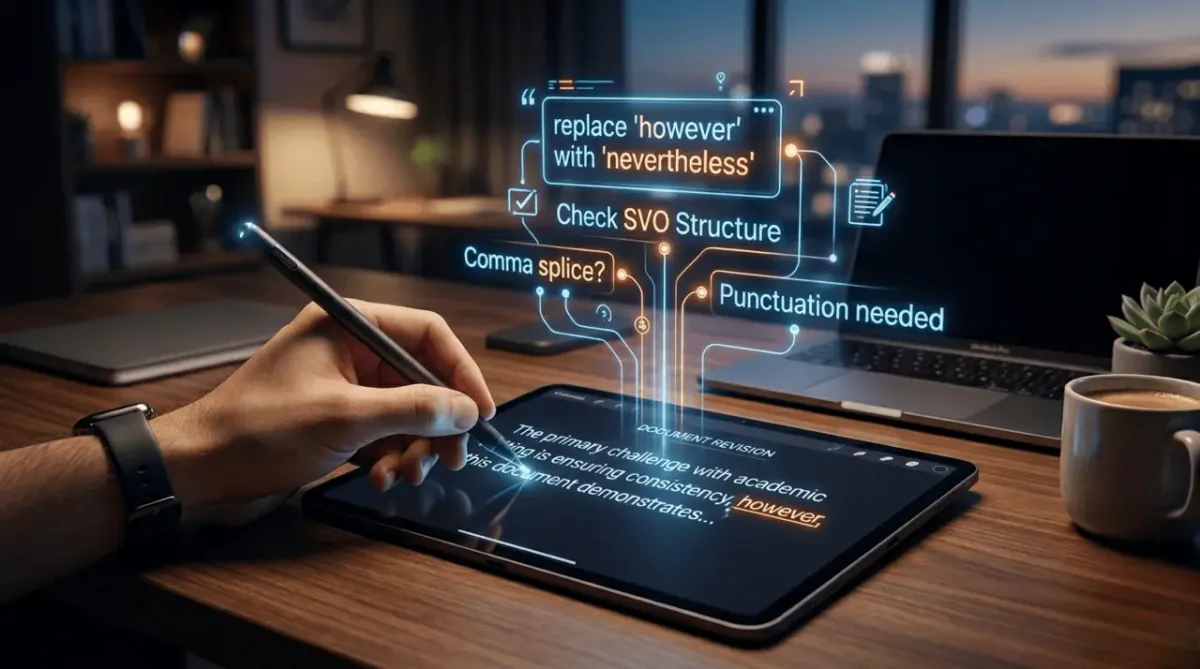 Premium 3D illustration of a digital pen and tablet with holographic grammar corrections.