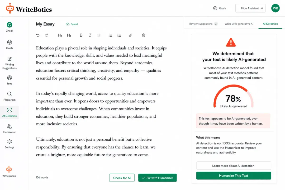 Grammarly interface showing an AI-generated content warning on human-written text