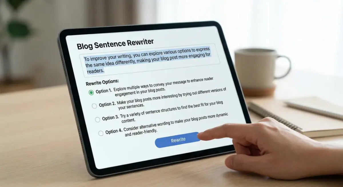 A person using a tablet to rewrite blog sentences for better engagement