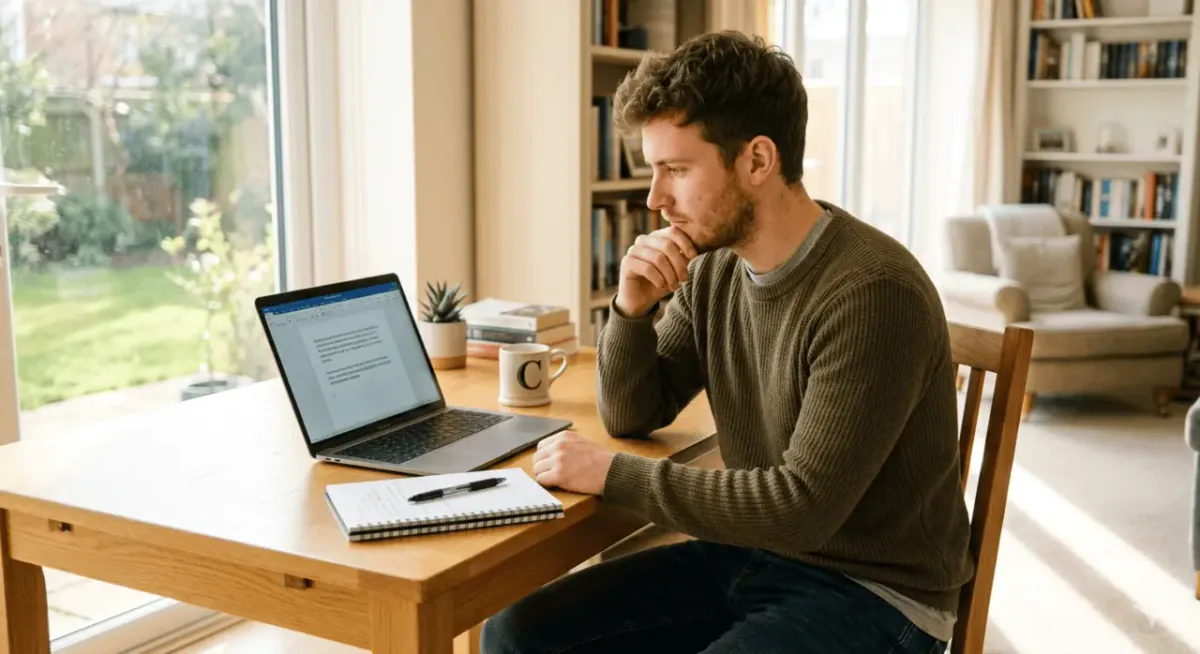 A person reviewing their written work to correct grammar errors