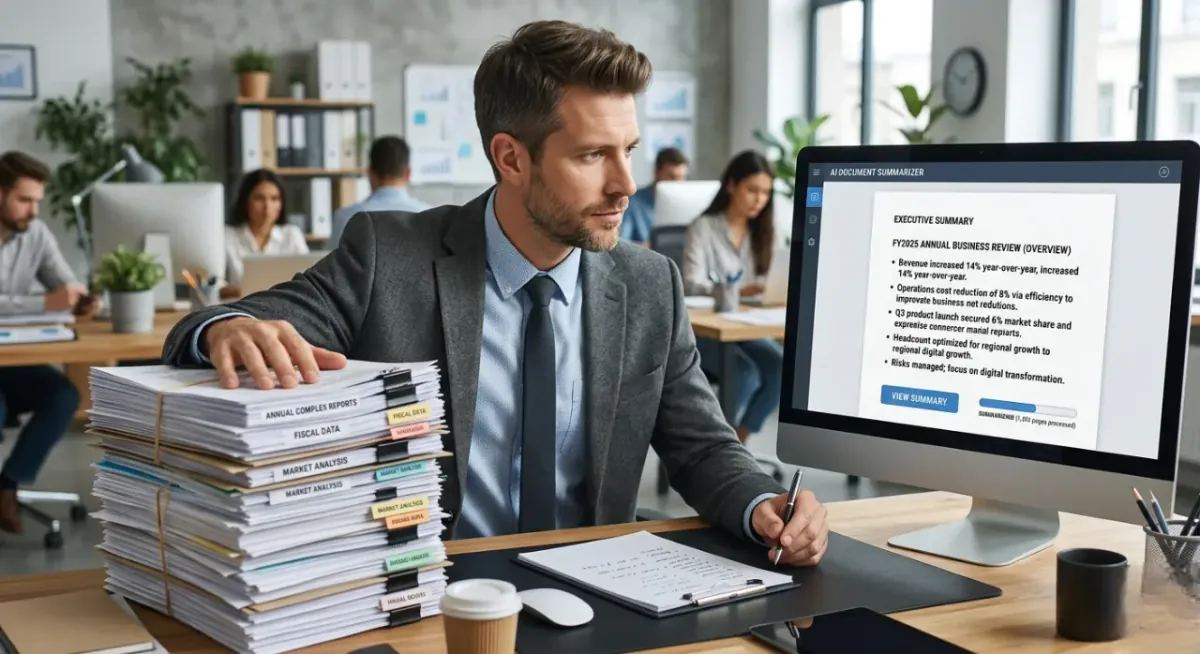 A person using an AI-powered article summarizer to condense a long document into key points.