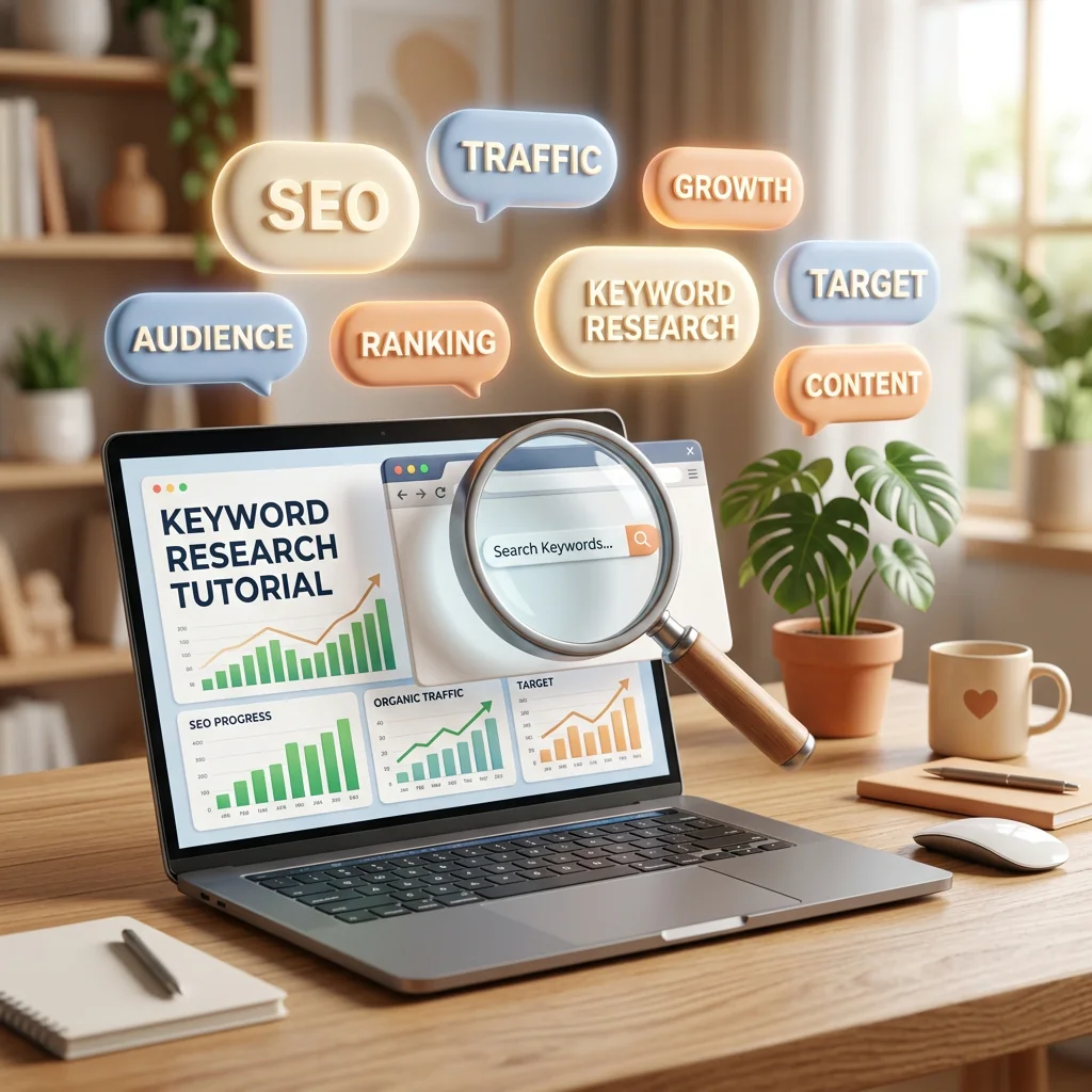 Premium 3D illustration showing keyword research strategy, growth charts, and search volume analysis tools.