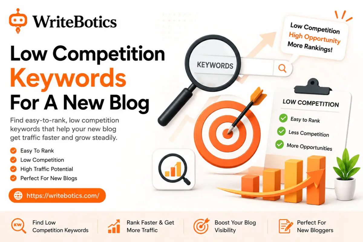 New blogger researching low competition keywords on a laptop