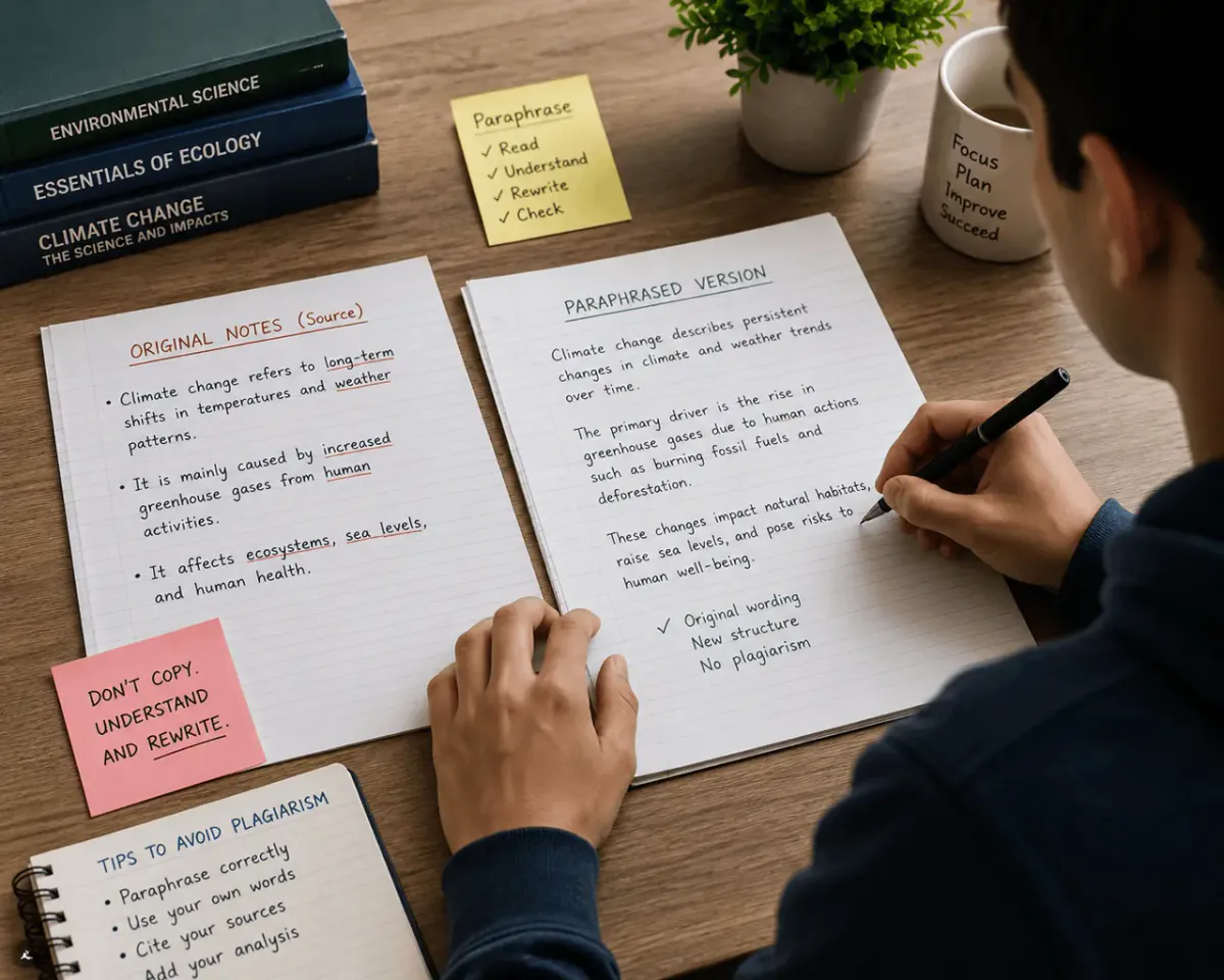 A student rewriting essay notes on paper to paraphrase without plagiarizing