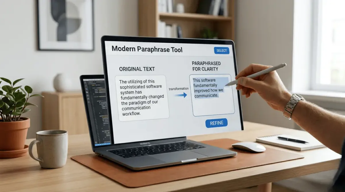 Modern 3D illustration of a paraphrase tool interface showing text transformation for clarity.