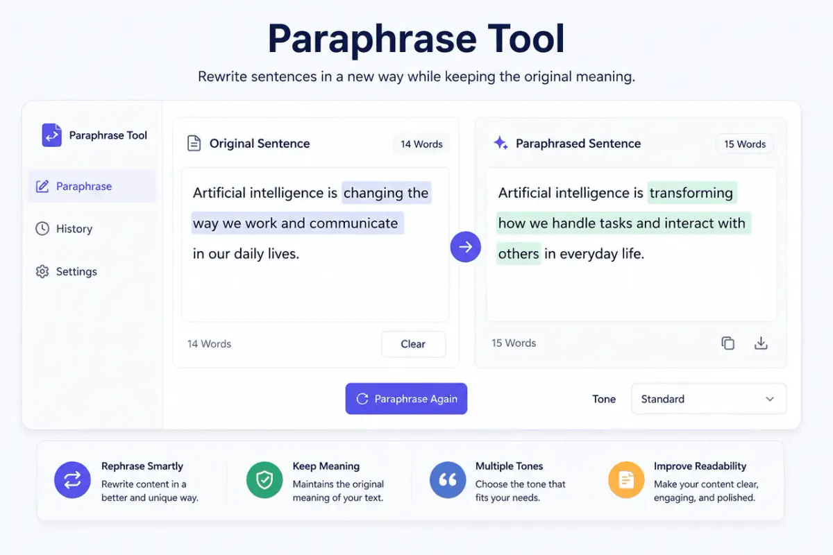 Sentence being rewritten and rephrased using a paraphrase tool