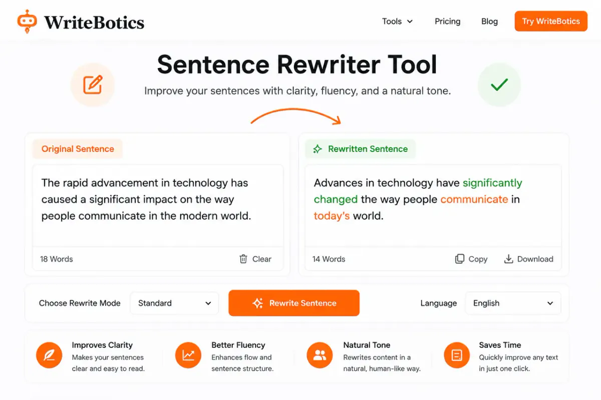 Sentence rewriter tool improving a sentence online