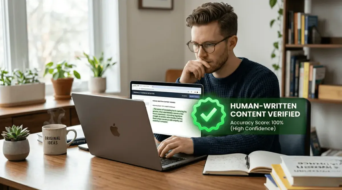 A laptop screen verifying human-written text with a green checkmark.