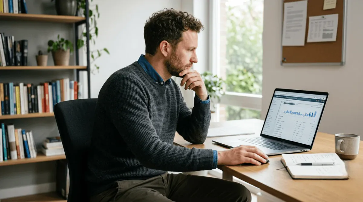 A person analyzing website search terms on a laptop