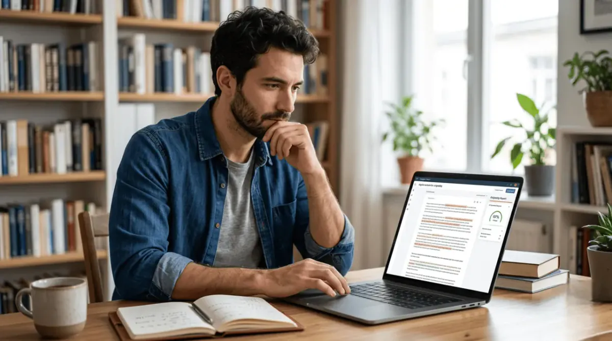 A writer checking digital content for originality on a laptop screen