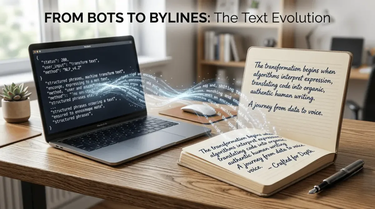 Premium 3D illustration of text transition from machine-generated to natural human-like writing.