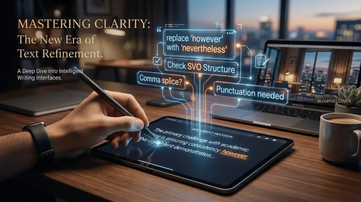 A premium, minimalist 3D render of a digital interface helping a writer refine and clarify their text.